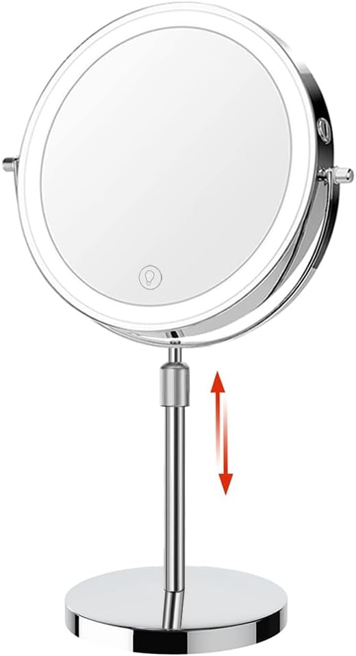 HIEEY Lighted Makeup Mirror with Magnification, Rechargeable Lighted Mirror, Three Color Lighting Modes, Height Adjustable, 1x/10x 360° Rotation Touch Screen Vanity Mirror (8in. Silver)