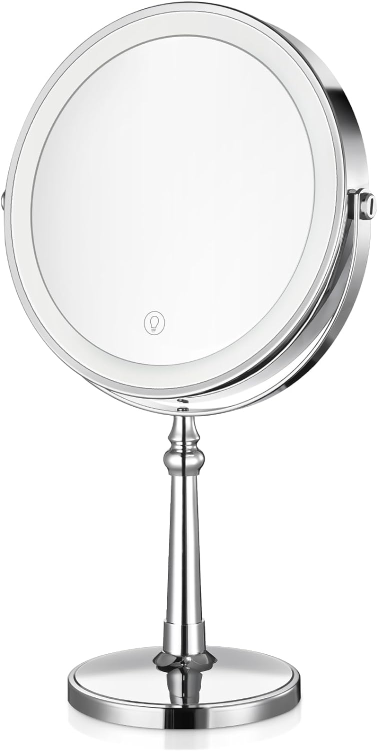 Lighted Makeup Mirror, 9" Rechargeable Vanity Mirror with Lights, Double-Sided 1X/10X Magnification, 3 Color Lights, Brightness Adjustable, 360° Rotation