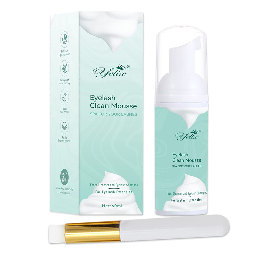 Eyelash Shampoo Foam Lashes Cleanser For Eyelash Extension Gentle Shampoo + Brush for Makeup Remover Paraben & Sulfate & Oil Free for Salon and Home Use (60mL 2 fl oz)