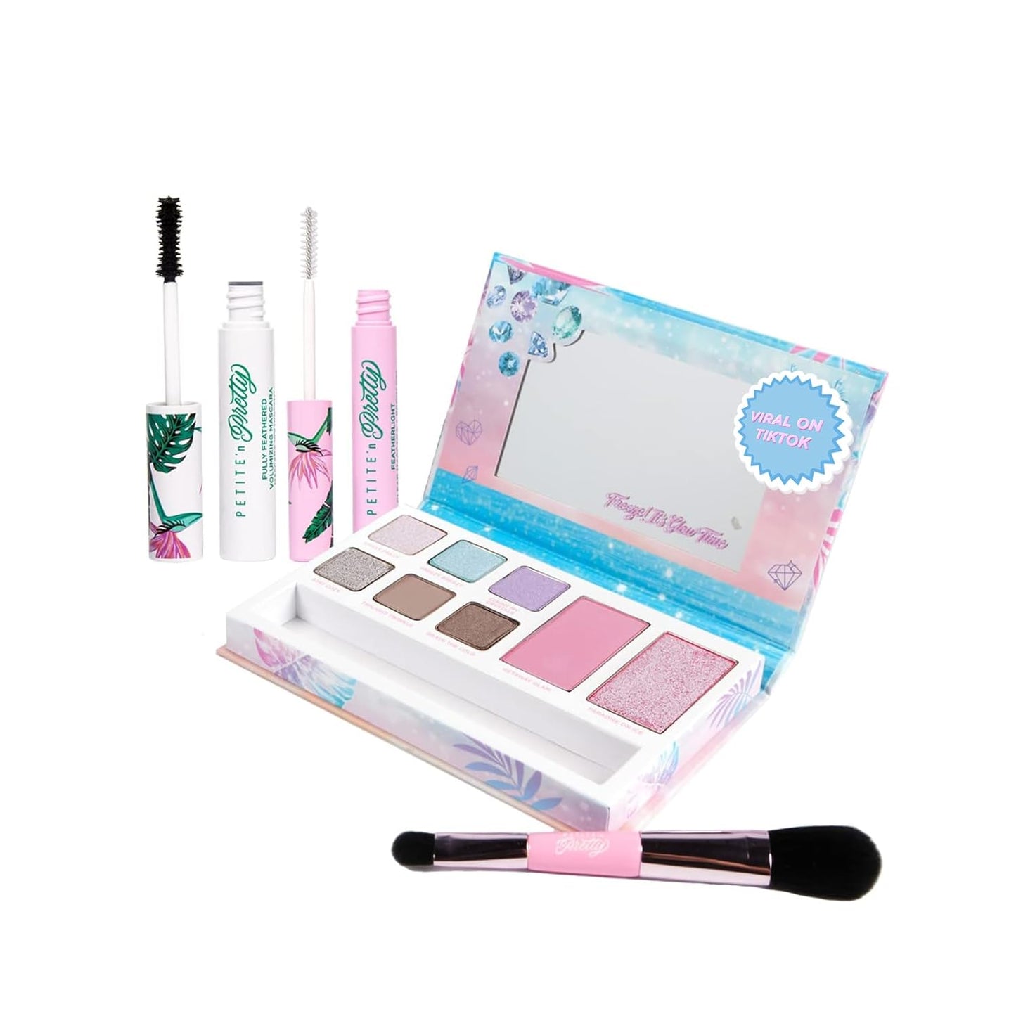Petite 'N Pretty- Pretty in Paradise Make Up Set of Paradise on Ice Eye and Cheek Palette & Frozen in Flight Full Size Mascara and Clear Brow Duo- As Seen on Tik Tok