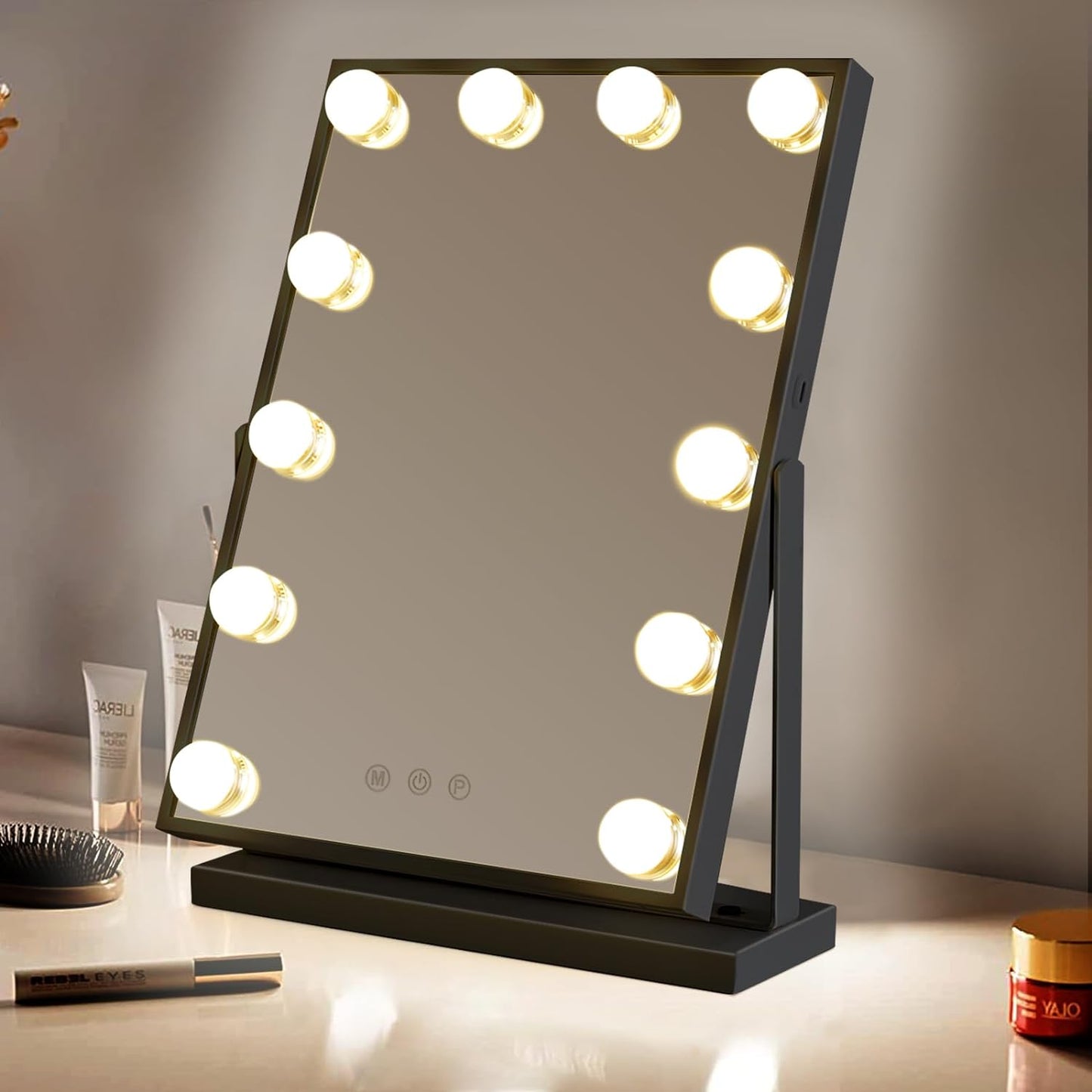 Vanity Mirror with Lights, Black Lighted Makeup Mirror with 12 LED Bulbs for Desk and Wall, Dimmable 3 Lighting Modes, 360-degree Rotating with USB-C and Charger (16”x12”)