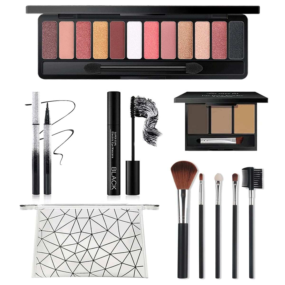 All in One Makeup Kit, Includes 12 Colors Eyeshadow Palette, Lash Mascara, Liquid Eyeliner, Eyebrow Powder, 5 Pcs Makeup Brush Set and Cosmetic Bag, Makeup Gift Set for Women & Teens