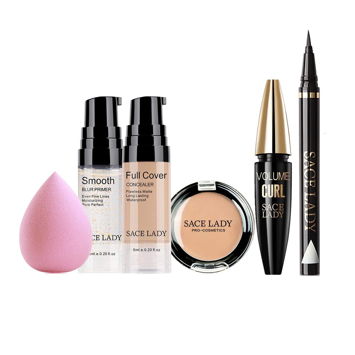 Face Eye Make Up Set Full Cover Concealer & Pore Primer & Black Mascara & Liquid Eyeliner & Sponge Kit, Waterproof Matte Long Lasting Foundation Corrector Eye Face Makeup 6Pcs