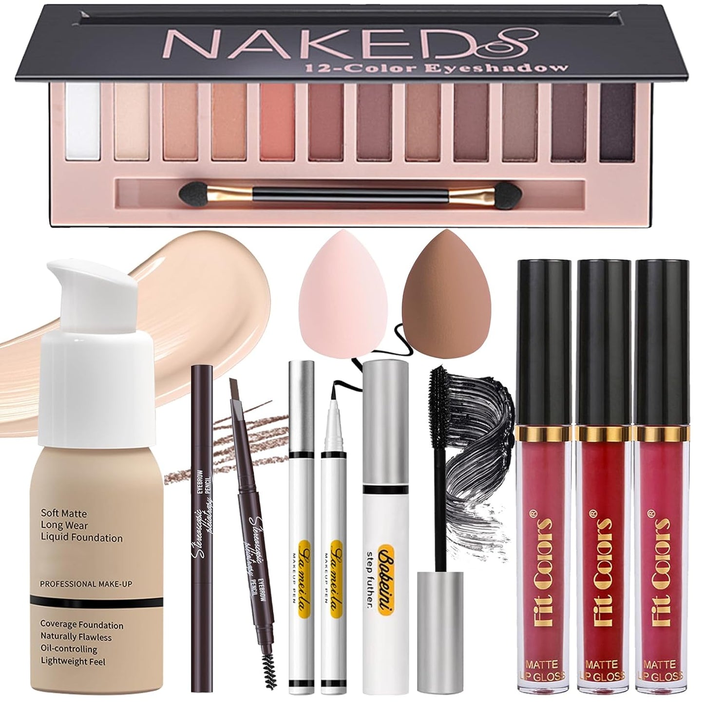 All in One Makeup Kit For Girl, Beginners Travel Makeup Kit, Makeup Sets for Teens Teenagers - 12 Colors Naked Eyeshadow, Foundation, 3pcs Matte Lip Gloss, Eyebrow Pencil Eyeliner Mascara & Sponges