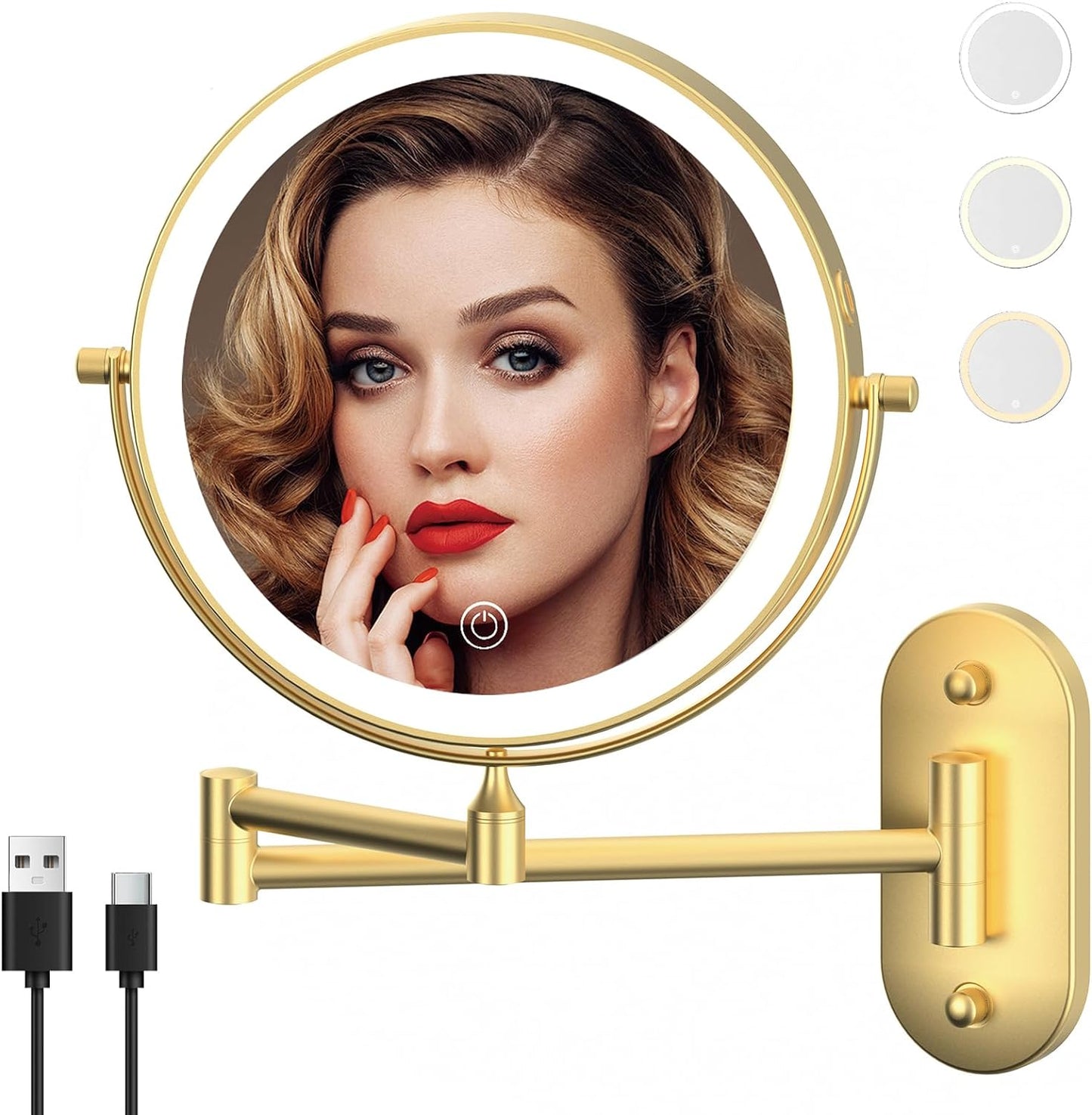 Rechargeable Wall Mounted Lighted Makeup Vanity Mirror 8 Inch Double Sided 1X 10X Magnifying Bathroom Mirror, 3 Color Lighting, Touch Screen Dimming, 360 Rotation Shaving Mirror