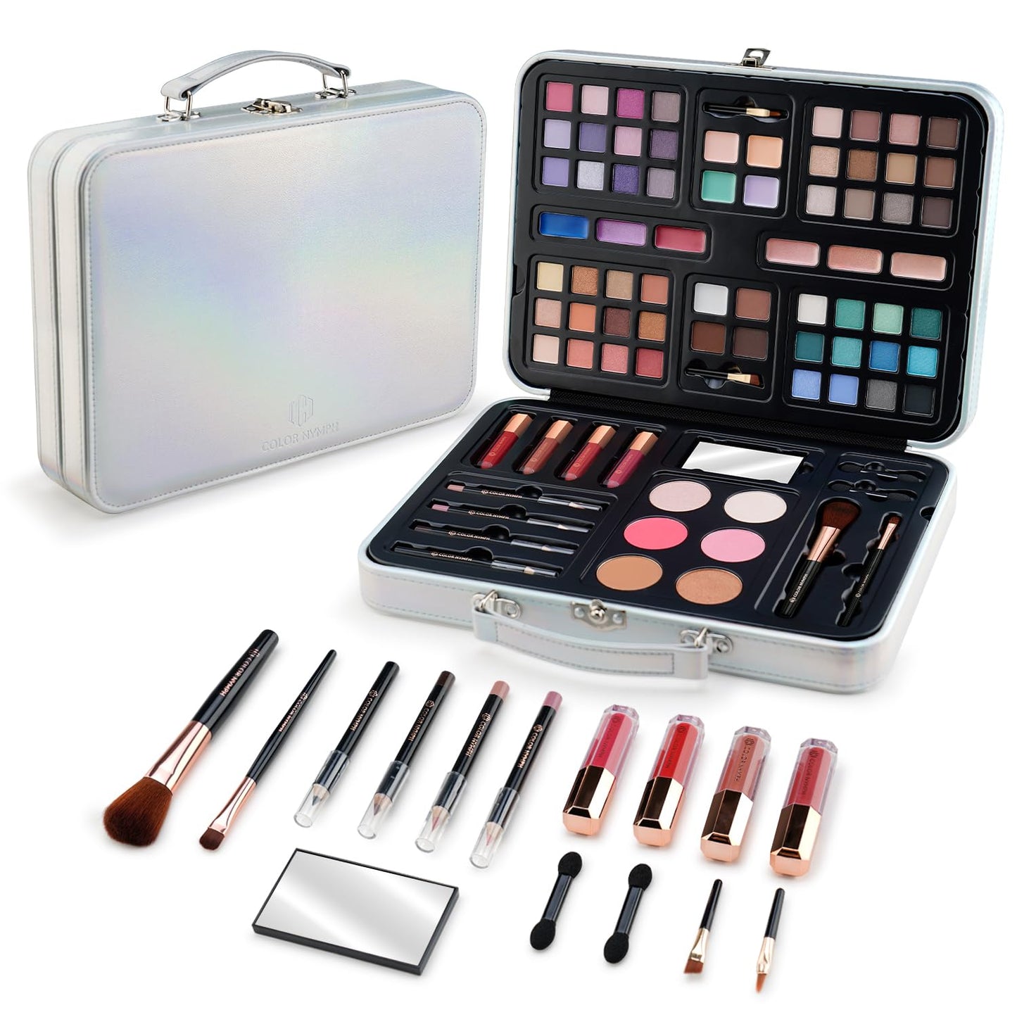 Color Nymph All in One Makeup Kits for Teens Girl Beginner with Hand Bag Included 54 Colors Eyeshadow Blush Bronzer Highlighter Concealer Lipgloss Eyeliner Lipliner(Silver)