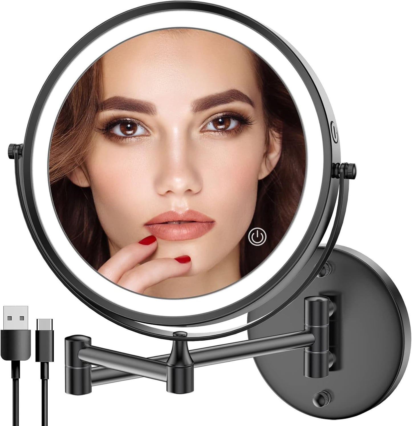 Rechargeable Wall Mounted Lighted Makeup Mirror, 8 Inch Double-Sided LED Vanity Mirror 1X/10X Magnification,3 Color Lights Touch Screen Dimmable 360°Swivel (Black, 10X)