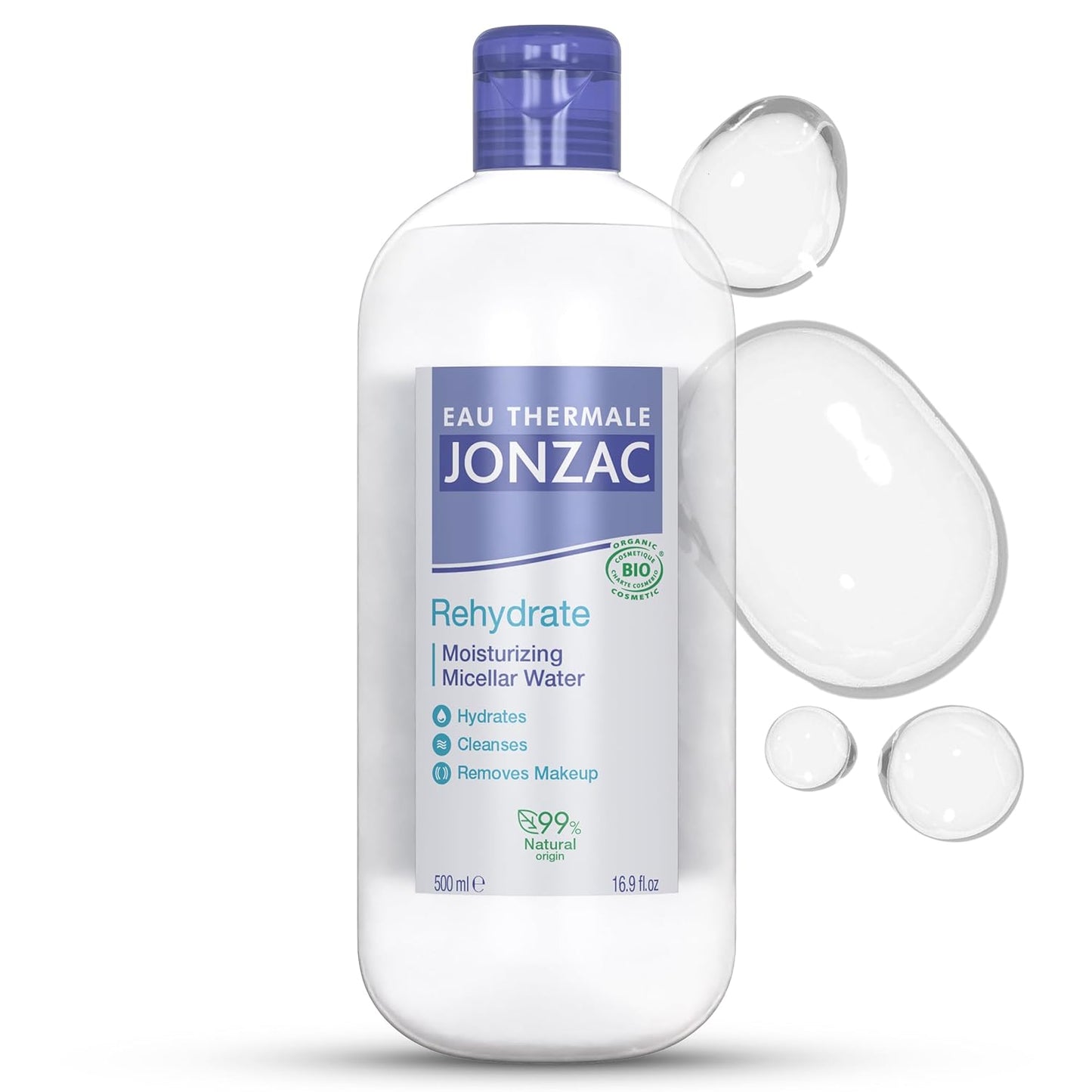 Eau Thermale Jonzac Organic Rehydrate Moisturizing Micellar Water - Gentle Makeup Remover -Leaves Skin Hydrated - Sensitive Skin Approved- Dermo Tested - 16.9 Fl Oz
