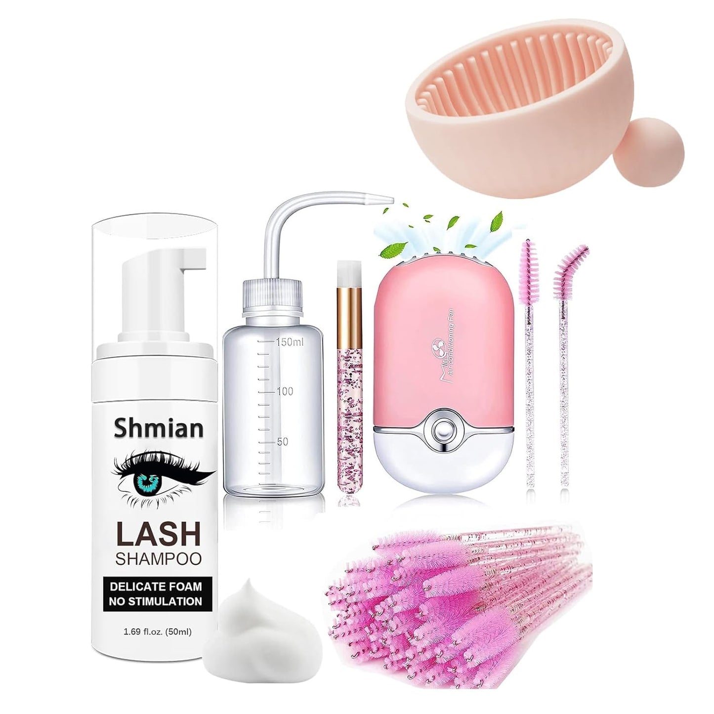 Lash Shampoo for Lash Extensions, Lash Fan with 50ml Eyelash Foam Cleanser and 50 Pcs Eyelash Brush, Brush Cleaning Pad and Rinse Bottle Wash Remover For Lash Extend