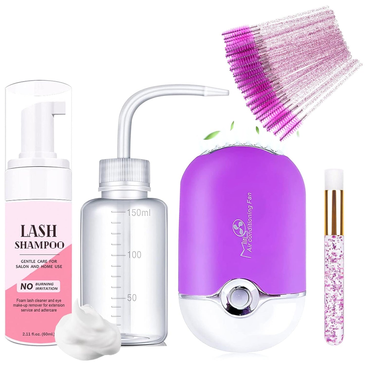 Eyelash Shampoo for Lash Extension,Lash Cleaning Kit with USB Lash Fan,50ml Lash Mousse,Mascara Brush,Nose Blackhead Facial Cleaning Brush and Wash Bottle for Eye Makeup Remover (Purple)
