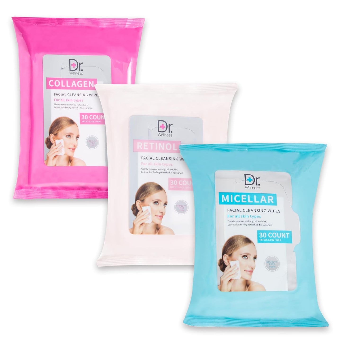 Face Wipes Variety Pack | 90 Wipes in 3 Packs, Good for Makeup Removal and Gerneal Facial Cleansing, 30 Collagen, Retinol, & Micellar Wipes | Dr. Wellness