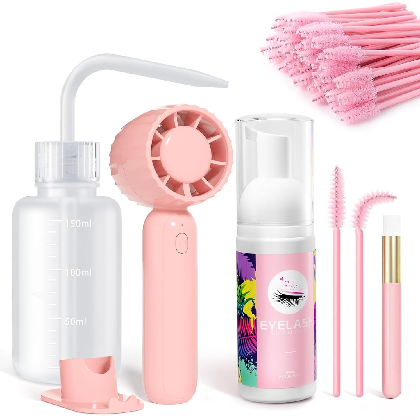 Buqikma Lash Cleaning Kit-Eyelash Extension Cleanser for Extensions 60ML Lash Shampoo with Rechargeable Handheld Lash Fan Dryer Mascara Brush Rinse Bottle Makeup Cleansing Foam for Lash Care