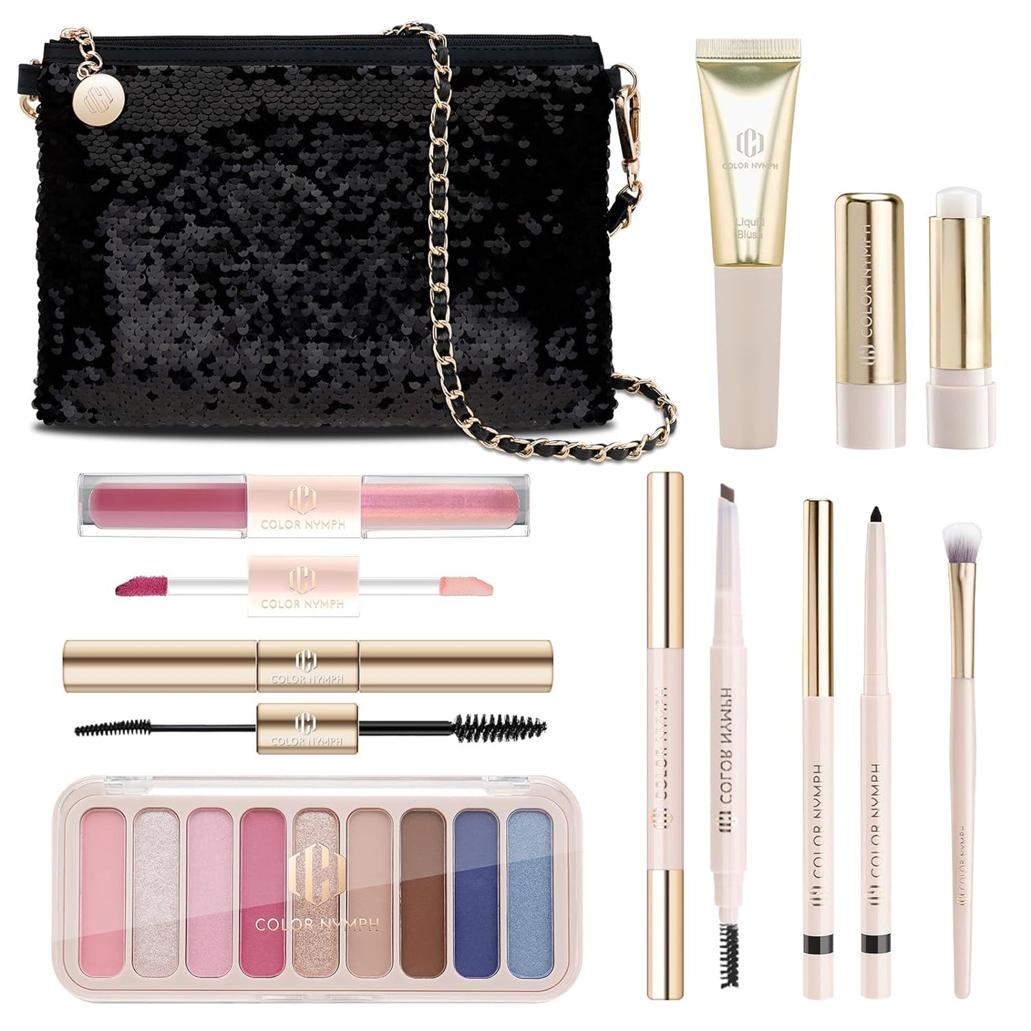 Color Nymph Makeup Kits For Beginner Teens With Sequin Bag Makeup Girl Set Included 9 Colors Eyeshadow Palette, Liquid Blush, Double Ended Lip Glaze, Brushes, Mascara And Eyeliner (Blue)