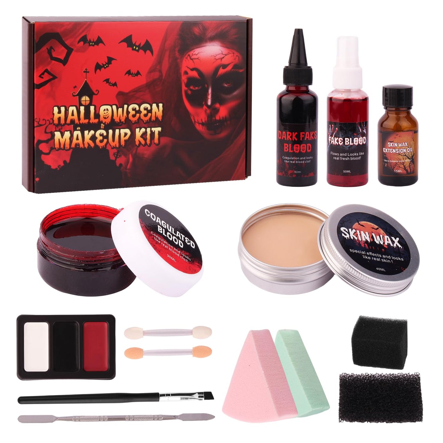 SFX Makeup Kit, Halloween Special Effects Makeup Set With 3 Colors Face Body Paint Palette+Scar Wax+Extension oil+Coagulated & Fresh Blood+Fake Blood Splatter Spray+Stipple Sponges+Spatula Tool+Brush