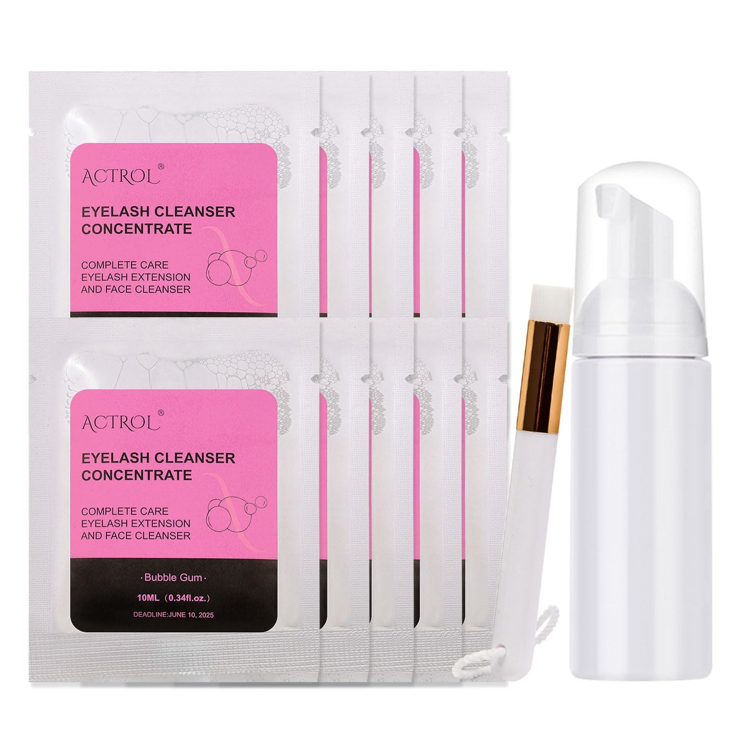 Lash Shampoo Concentrate 100ml Bubble Gum Eyelash Extension Shampoo 10 Bags 10ml Pack Natural Foaming Cleanser 60ml Bottled Cleansing Brush DIY Paraben and Sulfate Free Lashes & Salon Home Care