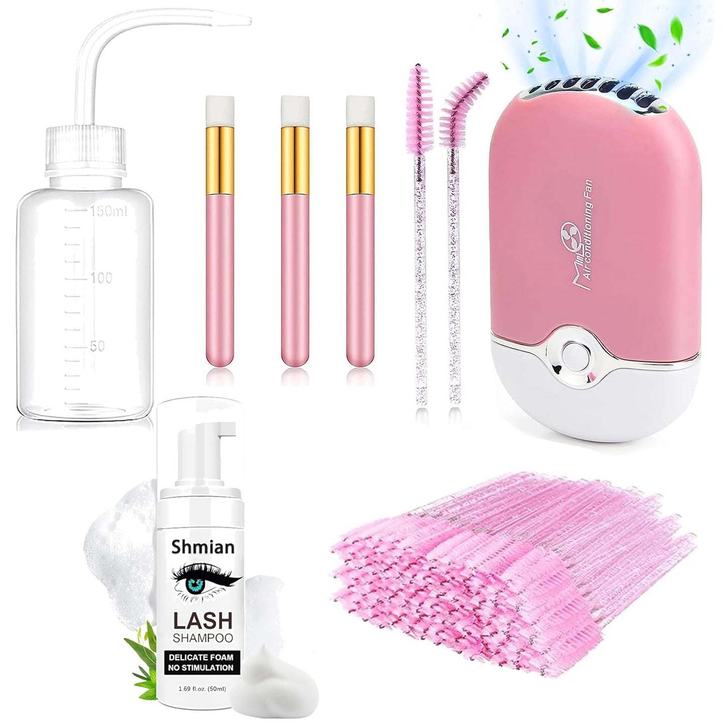 Eyelash Cleaning Kit-Mini Portable Lash Fan with 60ml Shampoo, 50 Shampoo Brushes, Nose Blackhead Cleanser, and Wash Bottle