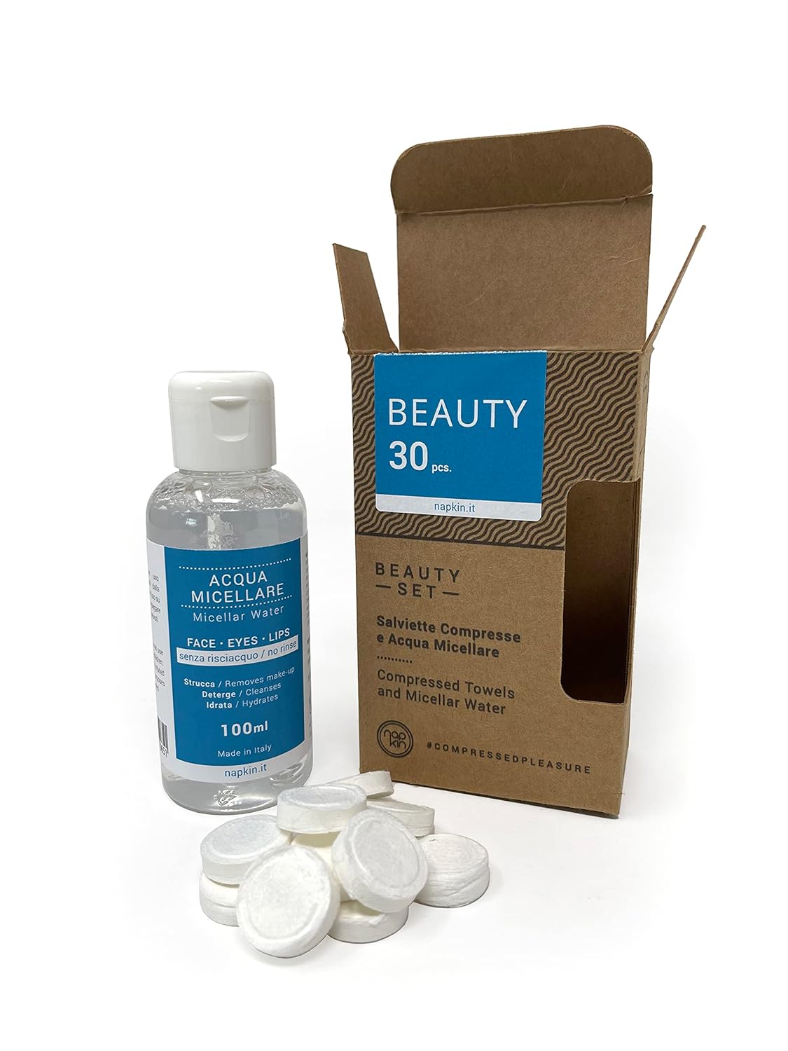 Beauty 30 - Micellar Water And Compressed Wipes - 30 Compressed Tissues In Pure Lenzing® Viscose + Napkin Micellar Water - Made In Italy - 100Ml Capacity