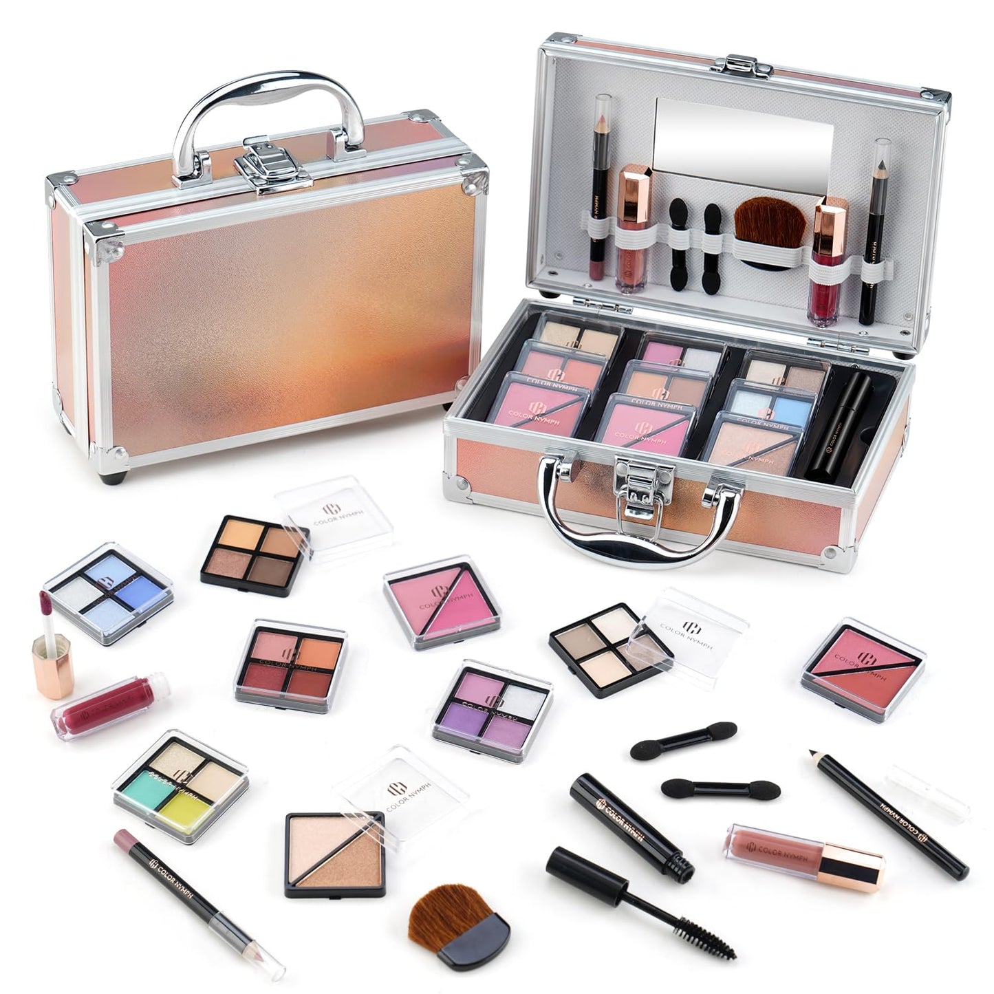 Color Nymph Beginner Makeup Kits For Teens With Train Case Included Full Makeup Kit Eyeshadow Palette Blushes Bronzer Highlighter Lipstick Brushes Mirror(Gold)