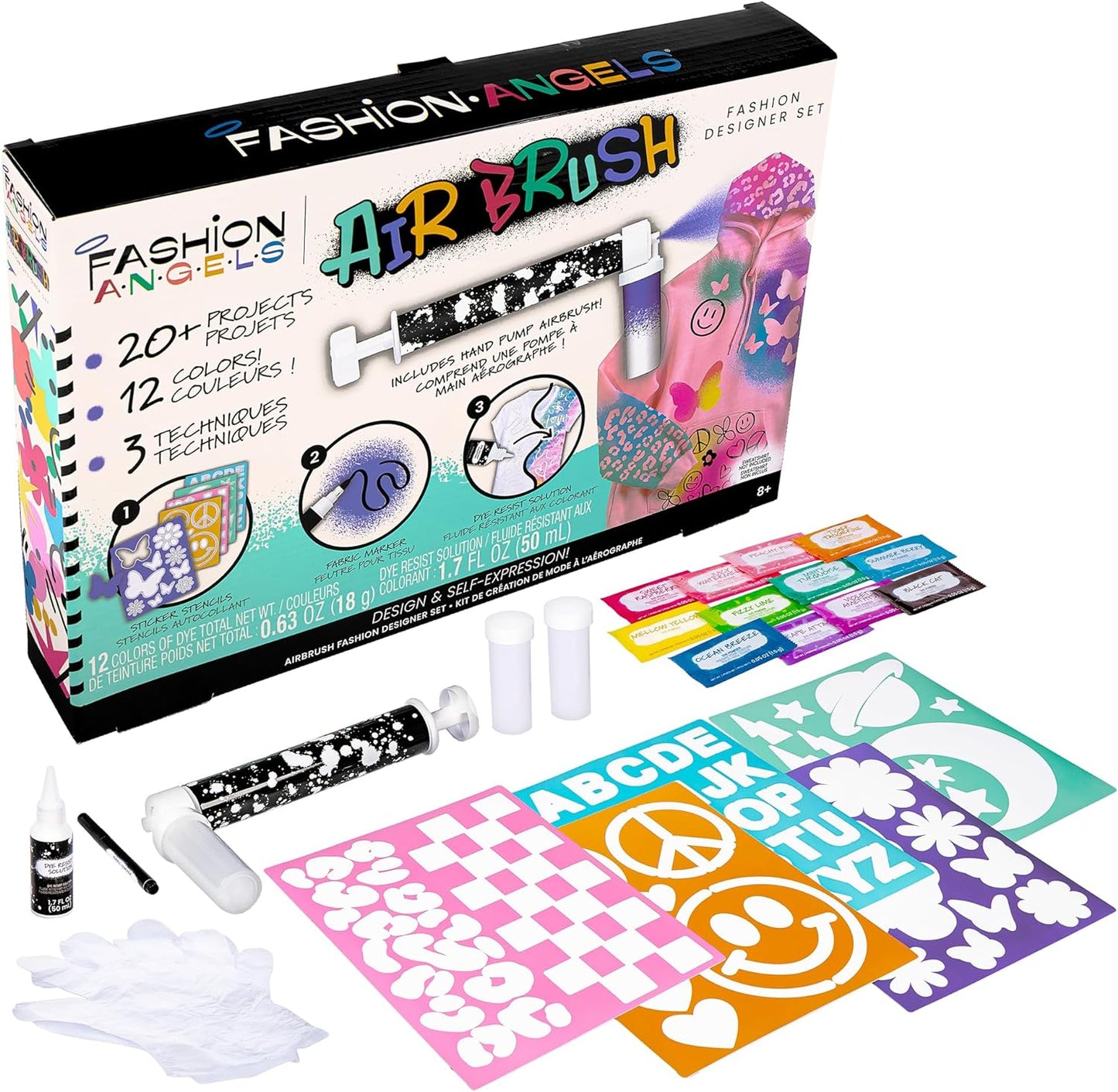 Fashion Angels Airbrush Fashion Design Set - Includes Airbrush Tool, Fill Containers, Tie Dye Powder Bags and Stencils - Accessorize T-Shirts, Hoodies & More - Makes 20+ Projects