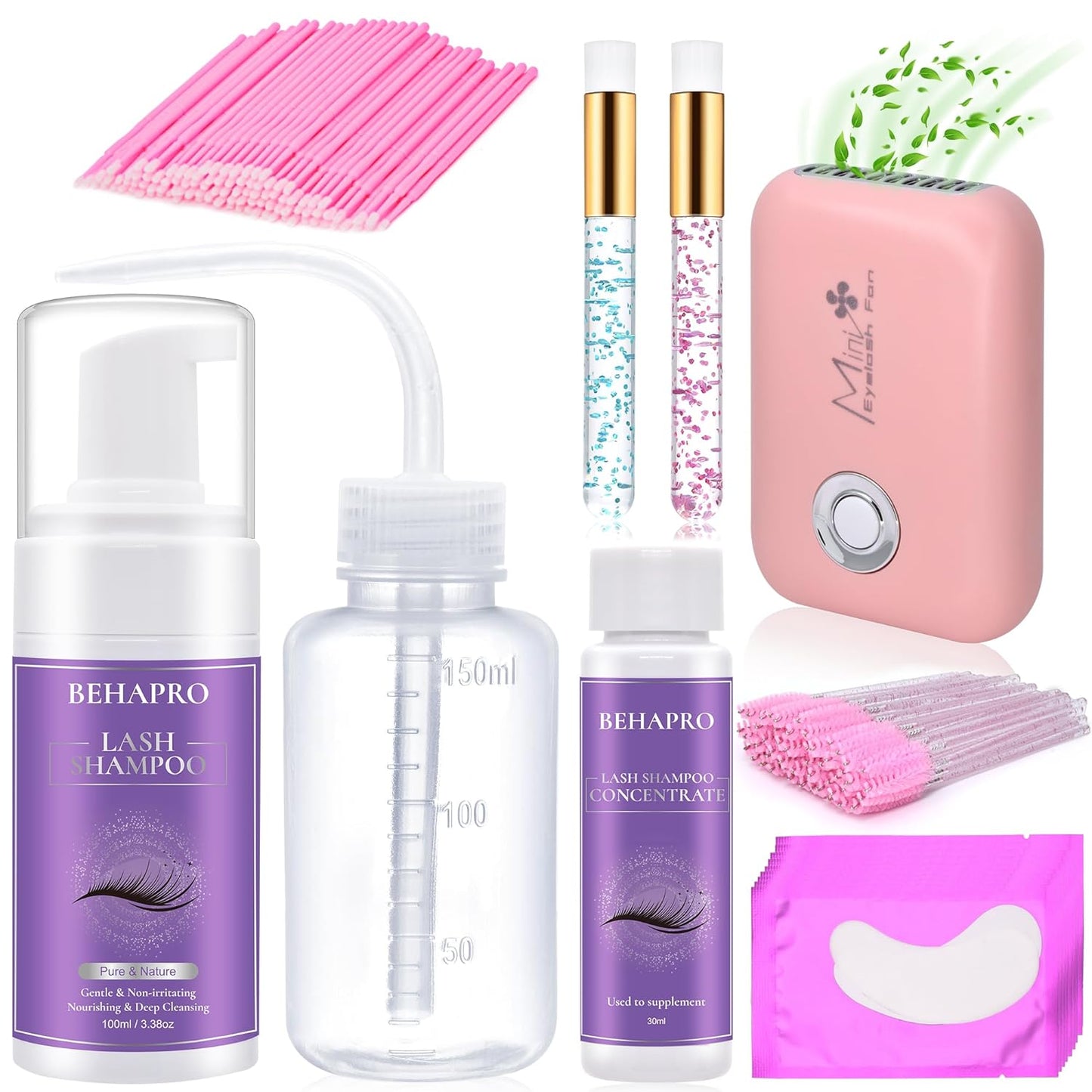 Lash Cleaning Kit,w/2 Pack Lash Shampoo for Lash Extensions 1 Cleanser Concentrate Total 6.76oz,Mini Lash Fan, Disposable Eyelash Cleaning Spoolie Lash Wash Shampoo Brush,Rinse Bottle,Eye Gel Pads