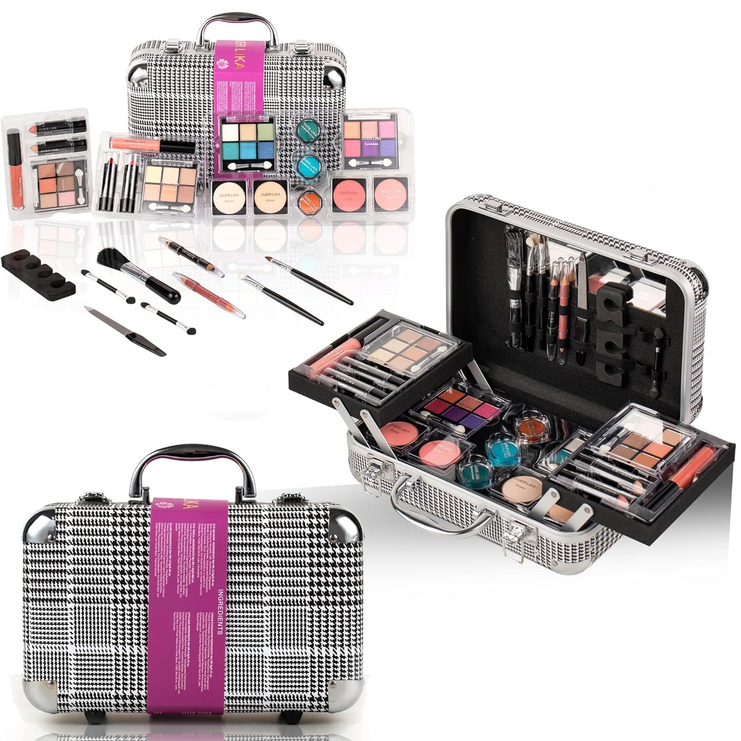 DUER LIKA Makeup Kit Gift Set for Adults and Girls-Full Makeup Kit for Beginners Includes Eye Shadow Palette Blush Lip Gloss Lipstick Lip Pencil Eye Pencil Brush Mirror (Houndstooth)