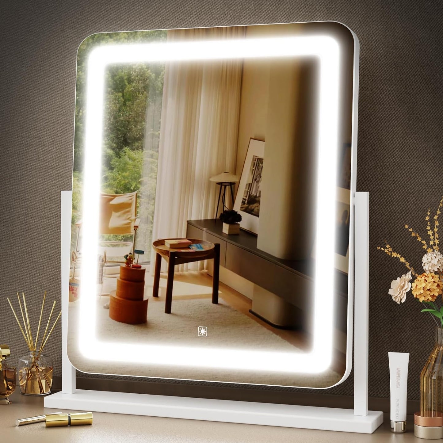 Makeup Vanity Mirror with Lights 15.2" Large LED Lighted Mirror, Hollywood Make Up Mirror with Lighting for Bedroom Tabletop, Smart Touch,10X Magnification 360° Rotation, (White)