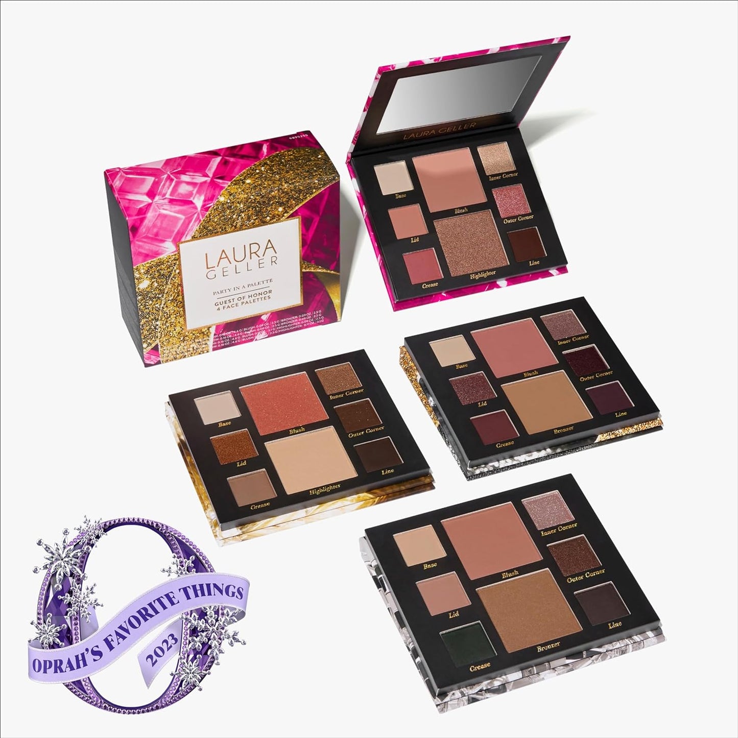 LAURA GELLER NEW YORK Annual Party in a Palette Guest of Honor Gift set -Curated 4 Full Face Makeup Palettes- Includes eyeshadow, highlighter, and blush - Travel friendly