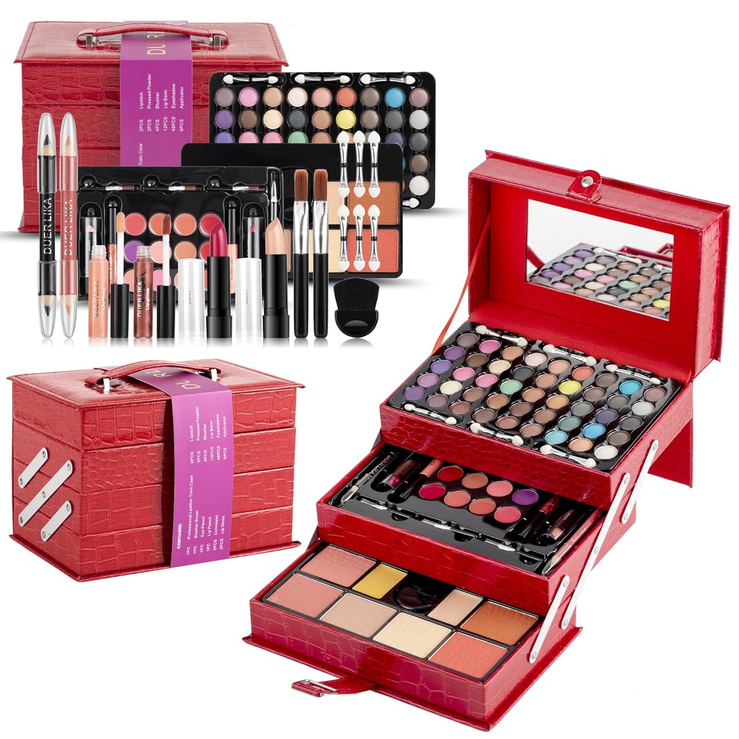 Maùve Professional Leather Train Case with Mirror Makeup Kit (Eyeshadow, Blushes, Powder, Lipstick & More) Holiday Exclusive MU12 (RED)