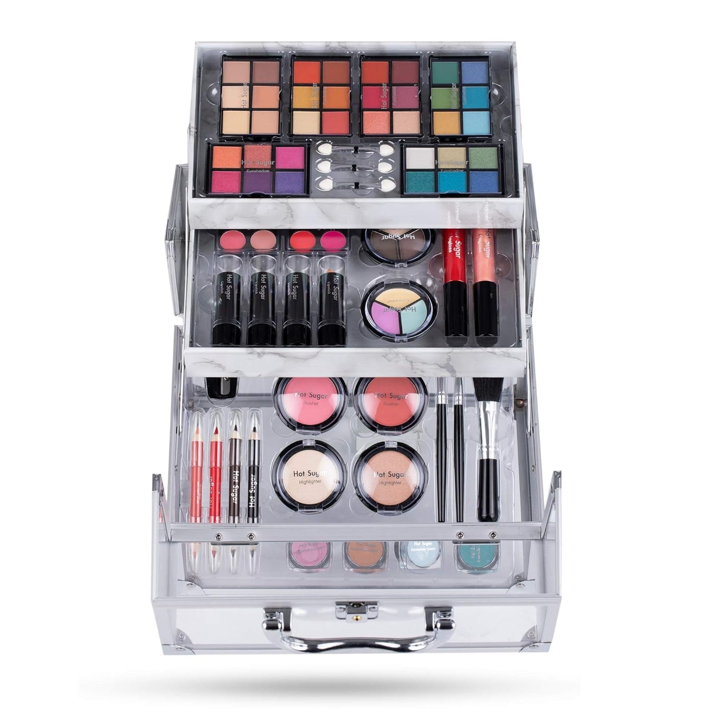 Hot Sugar Mixed Beauty Makeup Kit Cosmetic Set All in One Train Case Matte Shimmer Eyeshadow Palette Blushes Lipstick Stylish Jewelry Box Birthday Gifts for Teenager Girls Women (Clear)