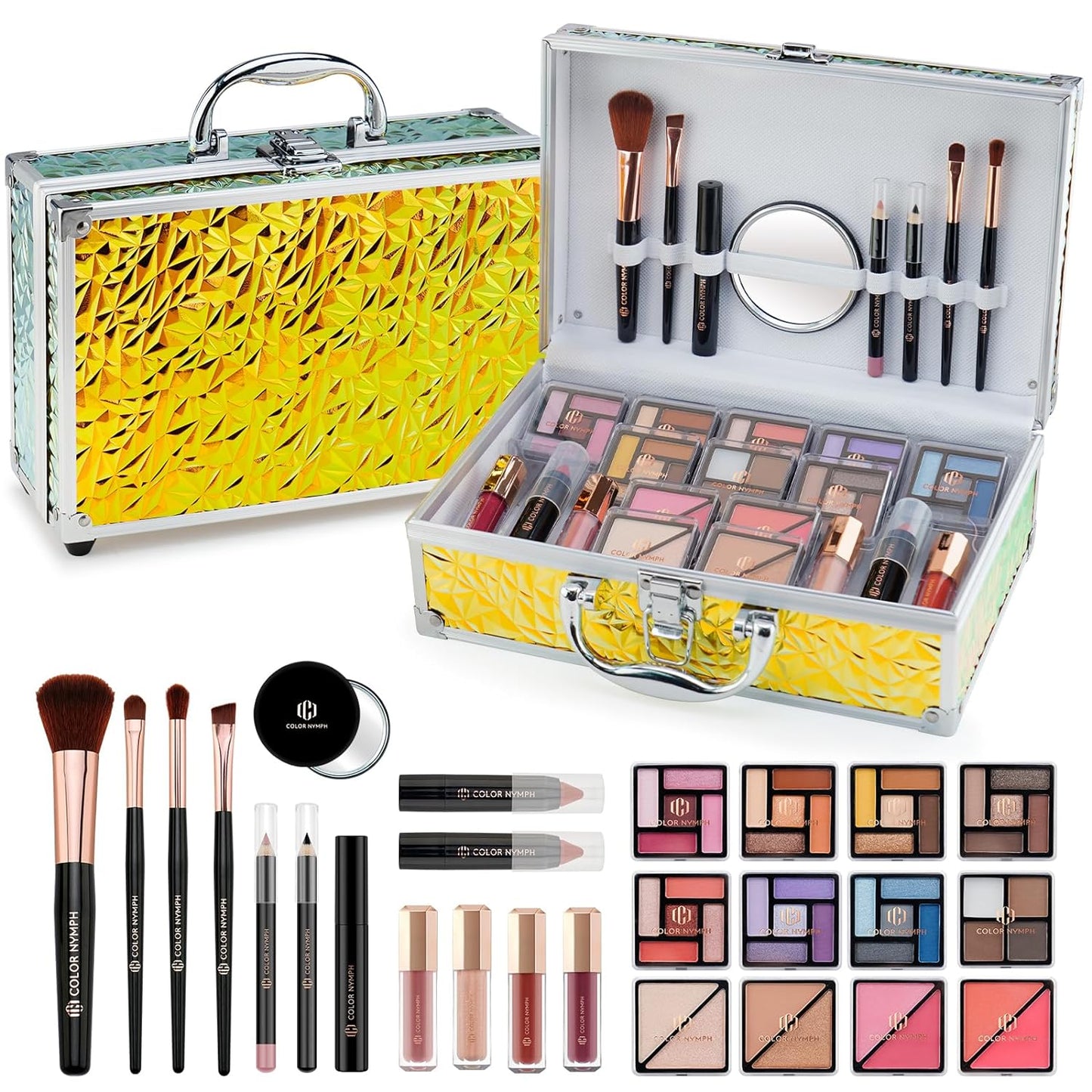 Color Nymph Beginner Makeup Kit for Teens, Train Case Girls Makeup Set with Eye Shadow, Lipstick, Blush, Brushes, Lipgloss, Mascara, Brow Wax and Mirror Green Full Starter Cosmetics Set