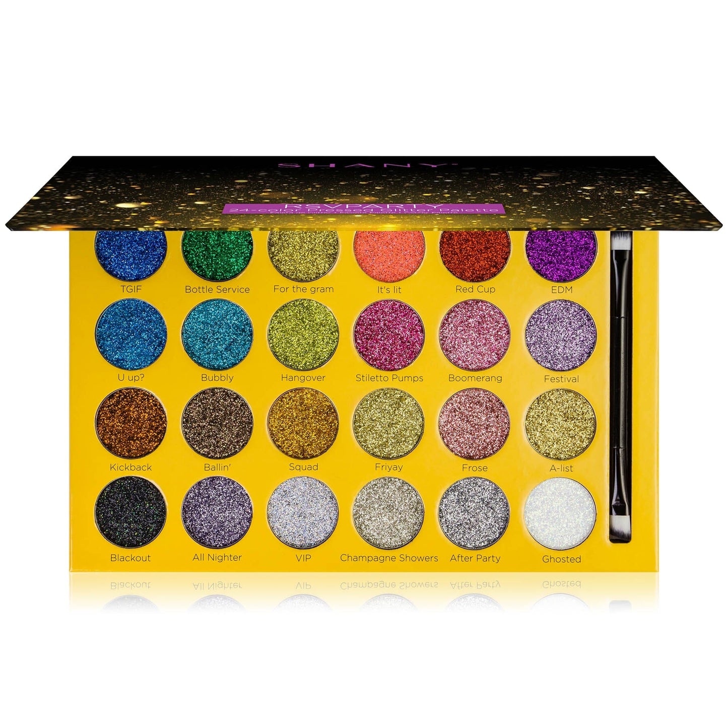 SHANY RSVParty Makeup Glitter Eyeshadow Palette - 24 Long-Lasting Pressed Glitter Pigments for Face and Body - Ultra Pigmented Glitter Makeup set with a Makeup Brush. Full Size Eyeshadow Pan. - SHOP - MAKEUP SETS - ITEM# SH-GLITTER-A