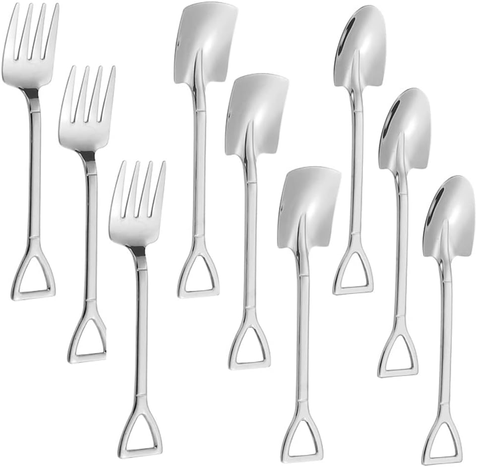 9Pcs Mini Stainless Steel Shovel Spoons Fork Reusable Tea Ice Cream Cake Fruit Desserts Spoon Server Mixing Spoon Tableware for Kitchen Restaurant Bistro Home Party, Silver