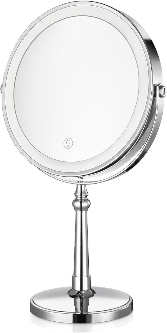 Lighted Makeup Mirror, 9" Rechargeable Vanity Mirror with Lights, Double-Sided 1X/10X Magnification, 3 Color Lights, Brightness Adjustable, 360° Rotation