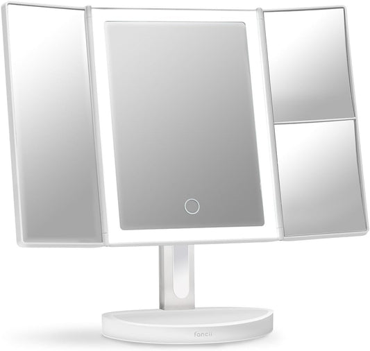 Fancii LED Lighted Vanity Makeup Mirror, Rechargeable Trifold Mirror with 5X & 10x Magnifications - 68 Dimmable Natural Lights, Touch Screen, Best Adjustable Make Up Mirror with Cosmetic Stand