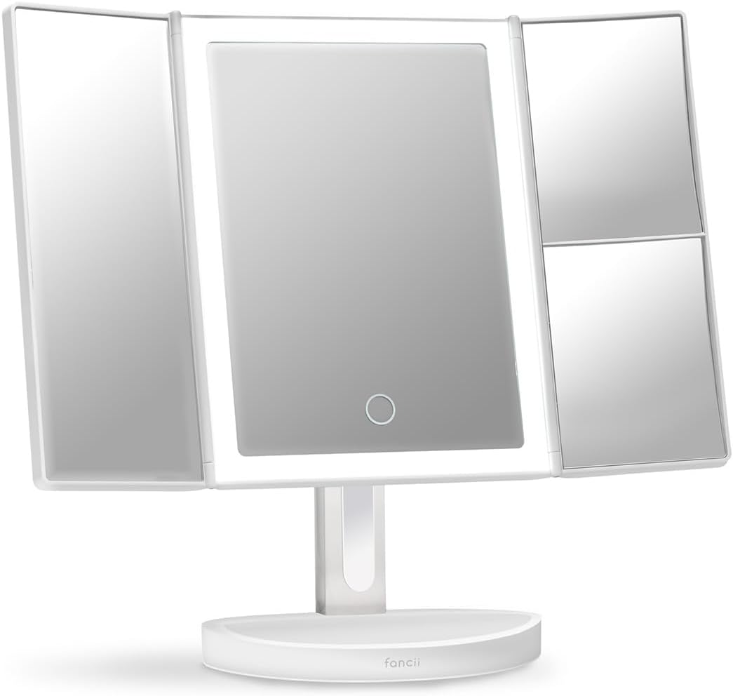 Fancii LED Lighted Vanity Makeup Mirror, Rechargeable Trifold Mirror with 5X & 10x Magnifications - 68 Dimmable Natural Lights, Touch Screen, Best Adjustable Make Up Mirror with Cosmetic Stand