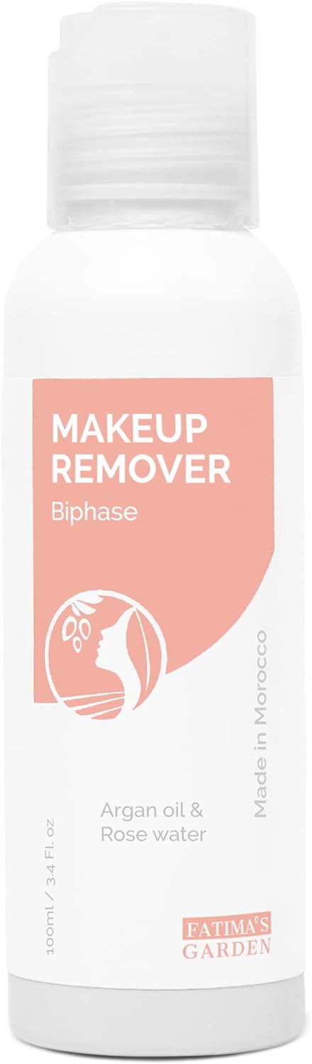 Fatima's Garden 100% Organic Makeup Remover, with Argan Oil and Rose Water - Gentle and Anti-Aging deep Cleanser, Strengthens Eyelashes, nourishes Eye Contour and Lips - 3.4 Fl Oz/ 100ml