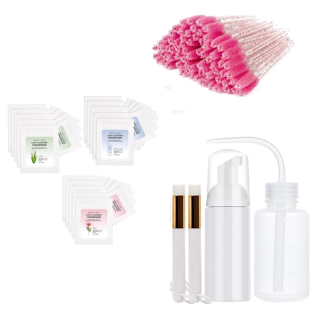 Eyelash Cleanser Concentrate Kit 50ml 5pcs Mix Styl Lash Extensions Shampoo Natural Foaming Cleanser DIY Non-lrritating Wash for Extensions Lashes with Salon Home Care