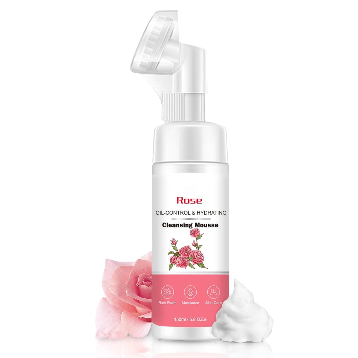 Buqikma Foaming Facial Cleanser 150ML Rich Foam Hydrating Face Wash for Women Facial Cleanser with Silicone Brush Oil-Control Deep Moisturize Gentle Face Cleanser for Sensitive Skin (Rose)