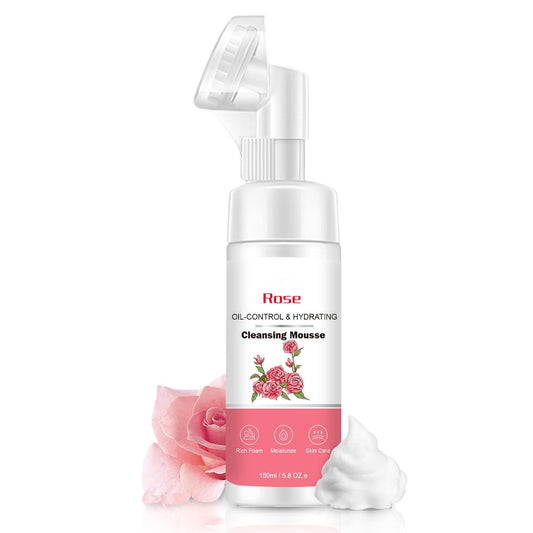 Buqikma Foaming Facial Cleanser 150ML Rich Foam Hydrating Face Wash for Women Facial Cleanser with Silicone Brush Oil-Control Deep Moisturize Gentle Face Cleanser for Sensitive Skin (Rose)