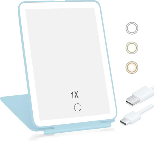 Travel Mirror for Makeup, Rechargeable Light up Pink Mirror with 72 LED Lights,1000mAh Batteries, 3 Colors Light Modes USB Portable Desktop Mirror with Dimmable Touch Screen (Blue)
