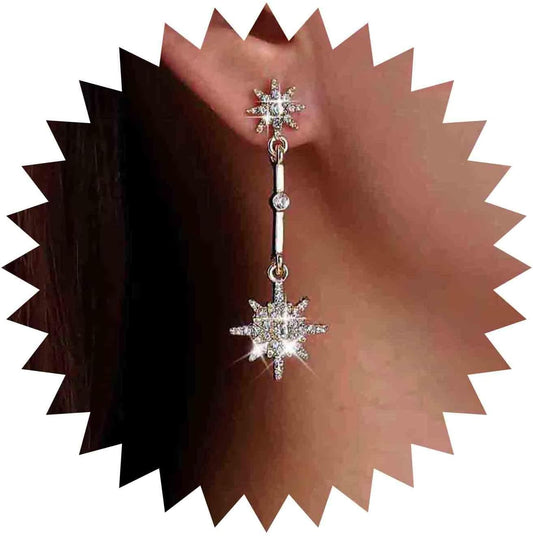 Sttiafay Vintage Crystal Starburst Drop Earrings Long Rhinestone Northstar Earrings Gold Cz Star Dangle Earrings Cz North Star Stud Earrings Jewelry for Women and Girls