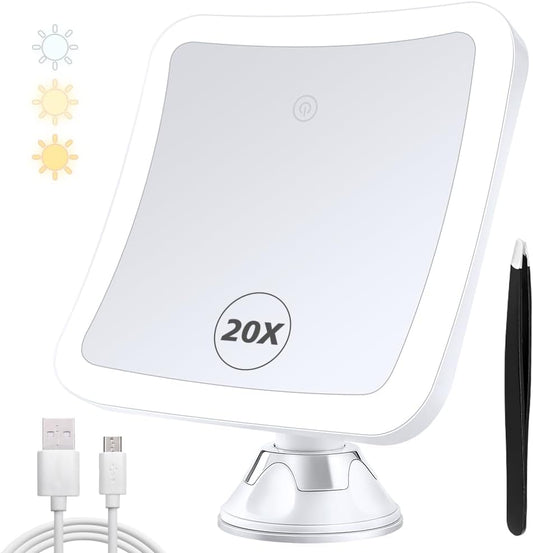 20X Magnifying Mirror with Light, Lighted Makeup Mirror with Magnification,360 Rotation Vanity Mirror, Magnifying Mirror Suction Cup, Rechargeable and 3 Color Lights