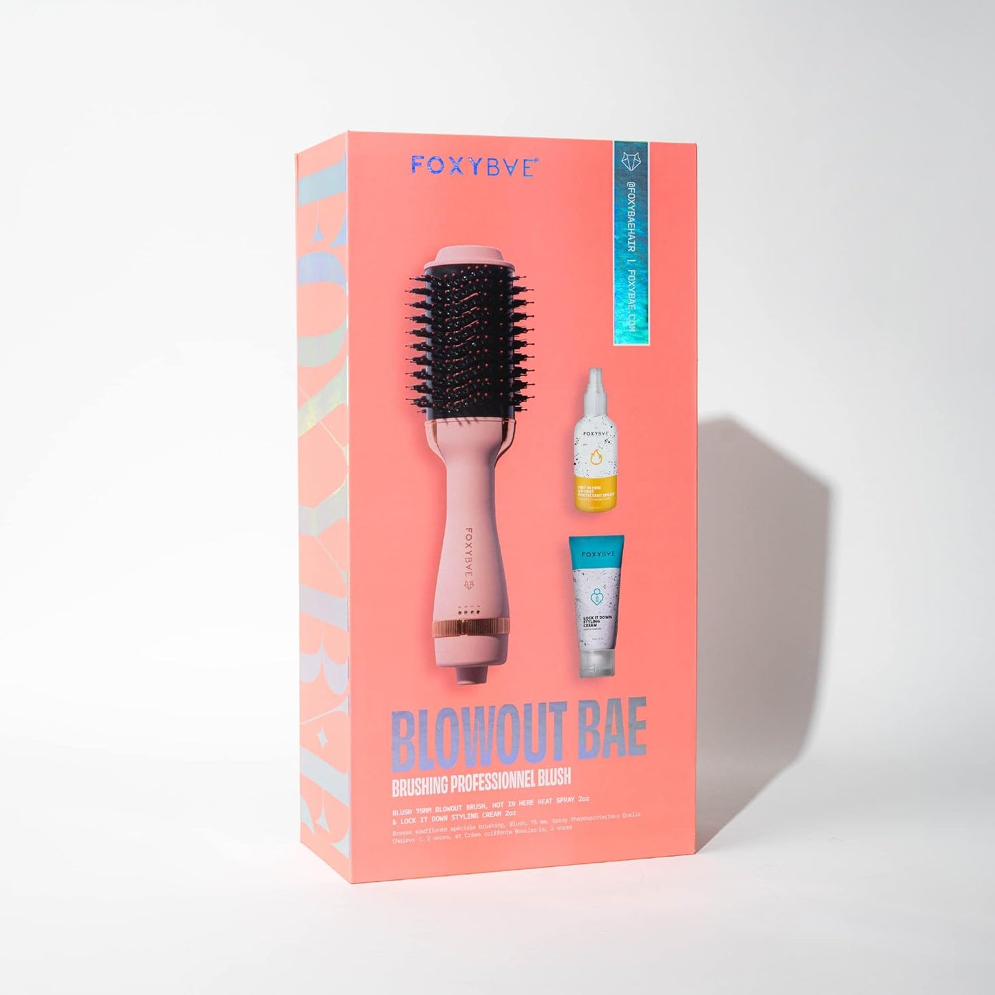 FoxyBae Blowout Bae Blush Gift Set, Includes Blush Blowout Dryer Brush, Hot in Here UV Heat Protectant Spray, Lock it Down Styling Cream