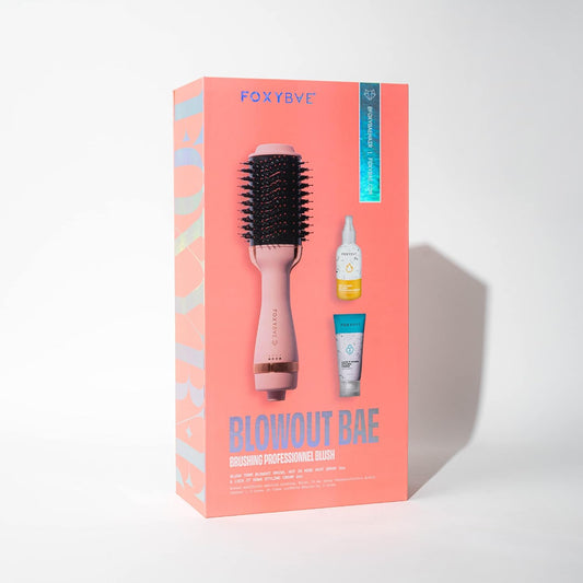 FoxyBae Blowout Bae Blush Gift Set, Includes Blush Blowout Dryer Brush, Hot in Here UV Heat Protectant Spray, Lock it Down Styling Cream