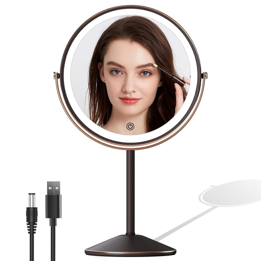 LOVESPEJO Makeup Mirror, 8" Rechargeable Magnifying Mirror with Light, 1x/10x 360°Rotation Touchscreen Lighted Makeup Mirror, 3 Colors Brightness Adjustable Vanity Mirror, Antique Bronze