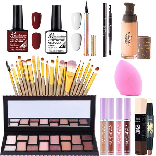 33 Pcs Makeup kit for women full kit makeup set for girls teens Eyeshadow Palette Lip Gloss Nail polish Foundation Mascara Eyebrow Pencil Eyeliner, Contour Stick Powder Puff Makeup Brushes Makeup Set for Women