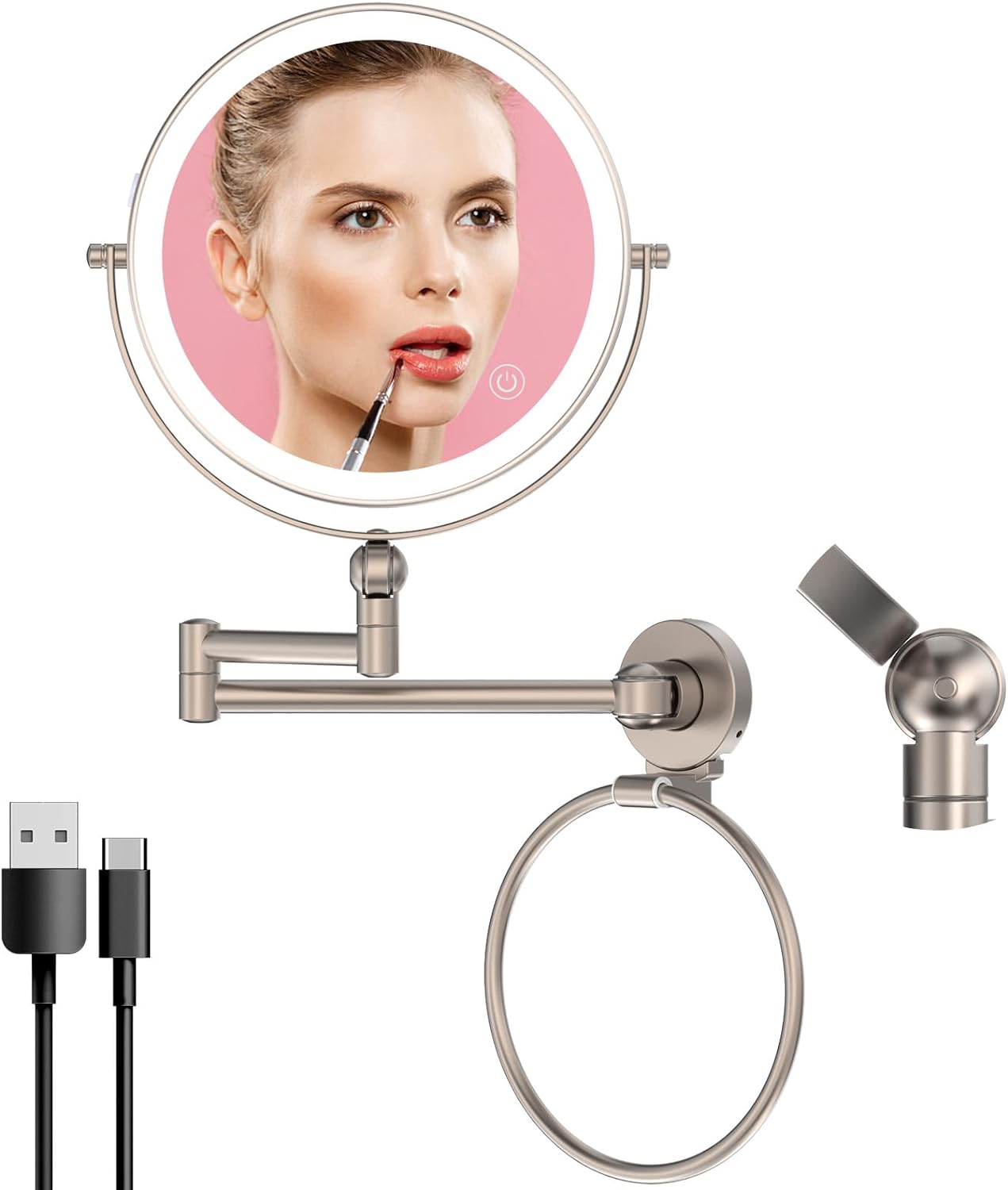 Height Adjustable Wall Mounted Makeup Mirror, Double Sided 1X/10X Magnifying Rechargeable LED Vanity Mirror with Lights 360 Swivel Extendable Arm Mirror