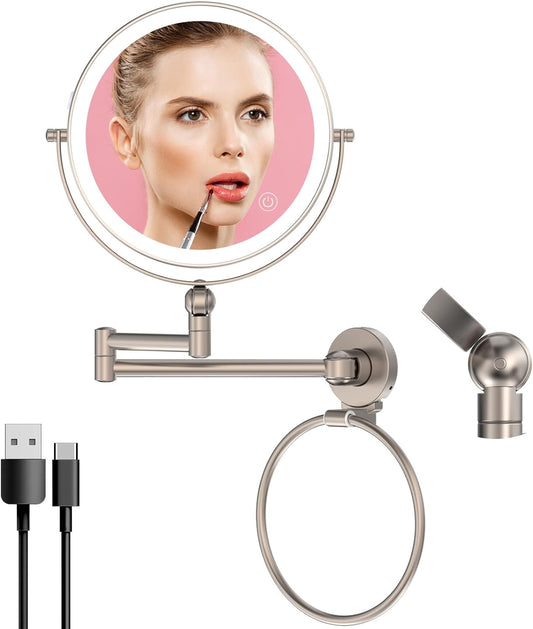 Height Adjustable Wall Mounted Makeup Mirror, Double Sided 1X/10X Magnifying Rechargeable LED Vanity Mirror with Lights 360 Swivel Extendable Arm Mirror