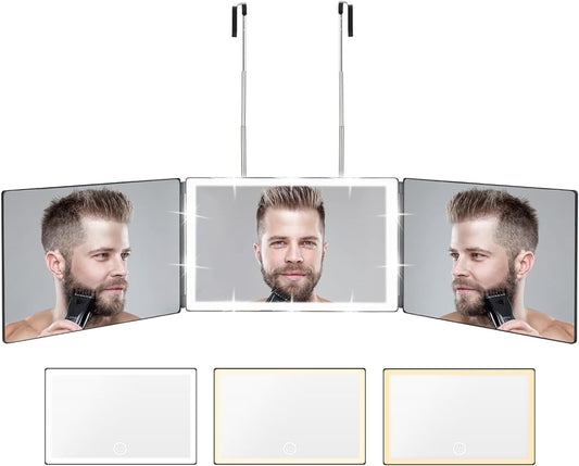 3 Way Mirror with 3 Colors Light, Rechargeable Self Cut Mirror Trifold Mirrors, Adjustable Barber Mirror Telescoping Hooks for Self Hair Cutting, 360 Mirror for Men Shaving Women Dyeing Hair Braiding