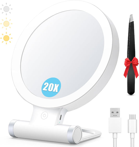 20X Magnifying Mirror with Light, Travel Magnifying Mirror, 1X/20X Vanity Mirror with Light, Adjustable Handle Travel Makeup Mirror, Touch Switch Light up Mirror for Plucking Eyebrows